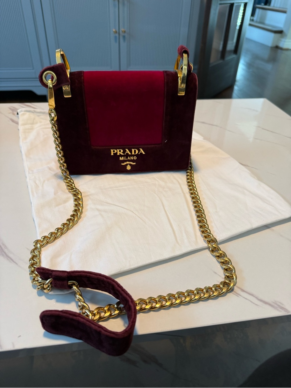 Prada Burgundy Velvet Chain Crossbody Bag with Gold Hardware